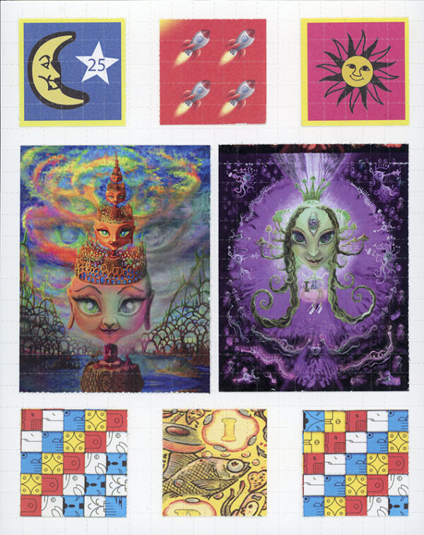 blotter art collage, kamiel proost, albert hofmann, rocket, mayan calendar